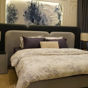 Modern Upholstered Platform Bed with Curved Headboard - Grey & Beige Two-Tone Design