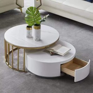 Modern Round Nesting Coffee Table with Faux Marble Top and Storage