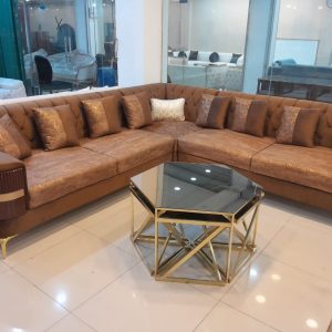Deep Seating Sectional with Quilted Arms and Hexagon Coffee Table