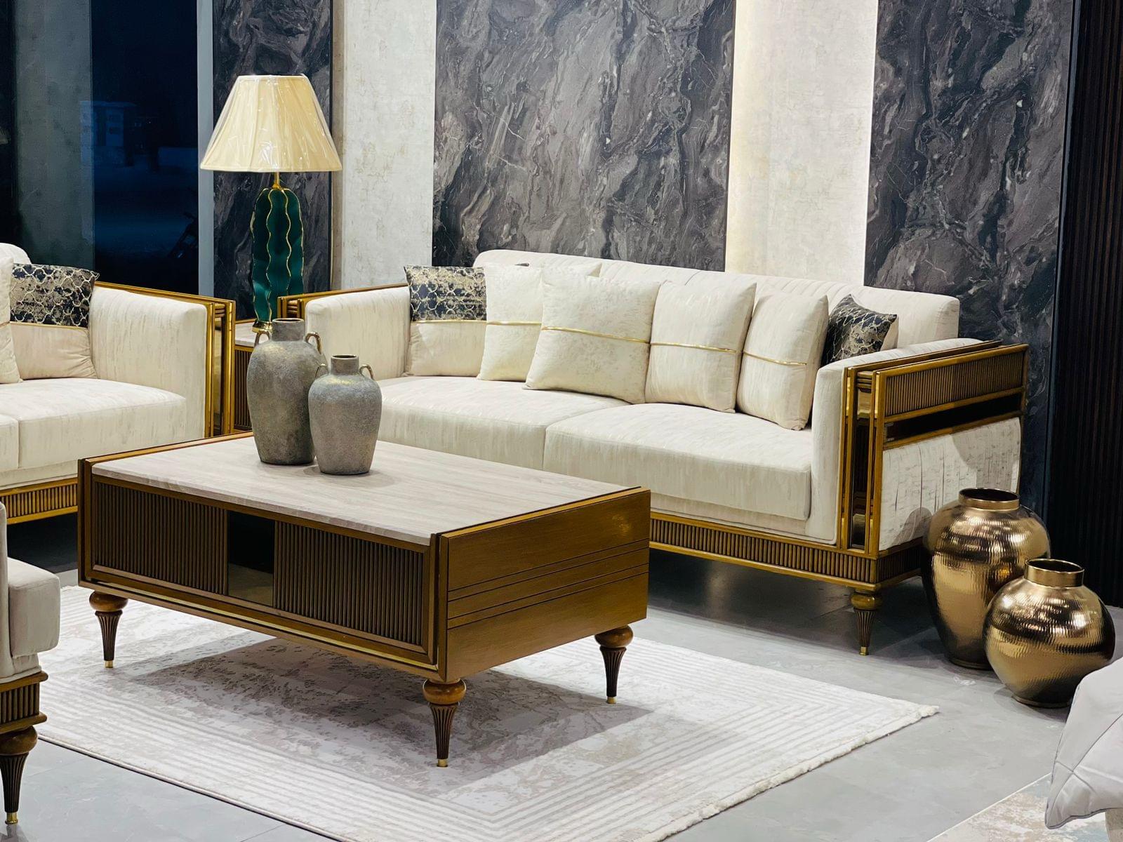 Luxury Cream & Gold Sofa Set – Modern 3+2+1 Living Room Furniture