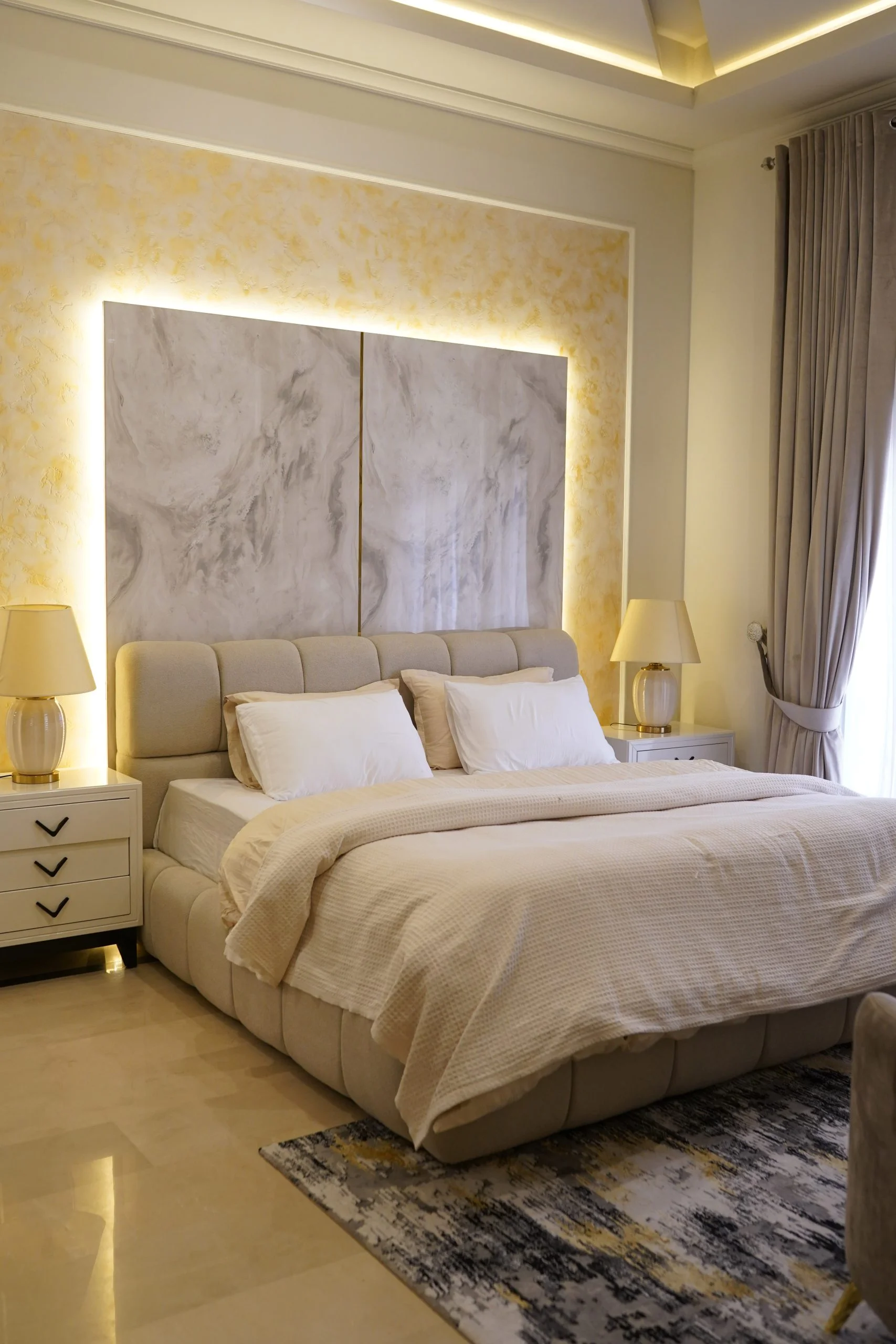 Modern Beige Tufted Bed Frame with Matching 3-Drawer Nightstands
